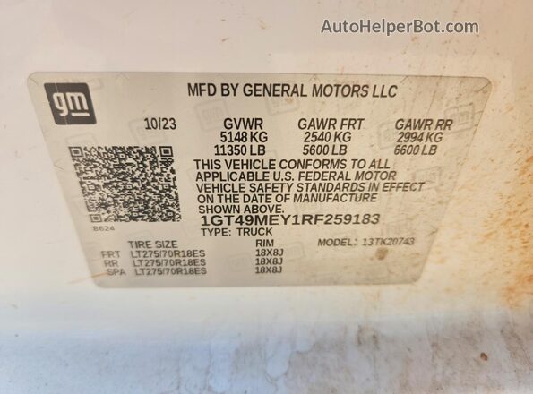 1GT49MEY1RF259183 2024 GMC SIERRA Белый Вид наклейки с VIN-кодом