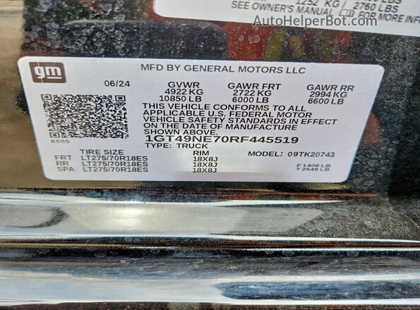 1GT49NE70RF445519 2024 GMC SIERRA Black Widok naklejki z numerem VIN