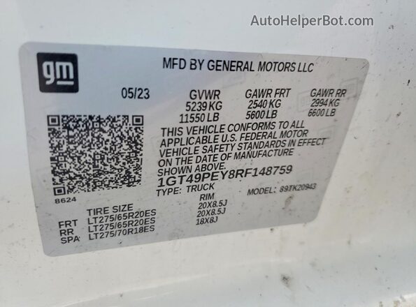 1GT49PEY8RF148759 2024 GMC SIERRA White VIN კოდის სტიკერის ხედი