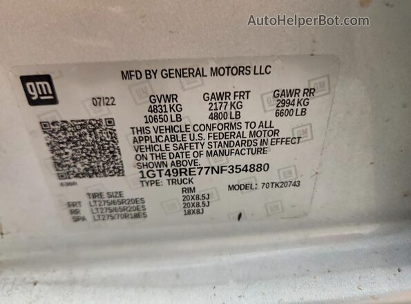 1GT49RE77NF354880 2022 GMC SIERRA White VIN კოდის სტიკერის ხედი