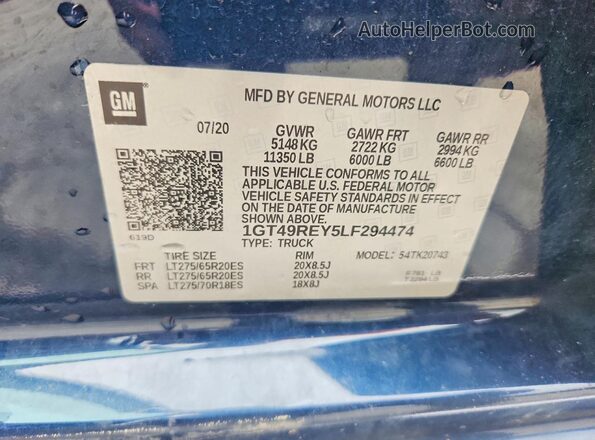 1GT49REY5LF294474 2020 GMC SIERRA Blue ძრავის განყოფილების ხედი