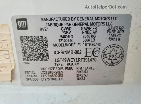 1GT49WEY1RF391470 2024 GMC SIERRA White Շարժիչի բաժամունքի տեսք