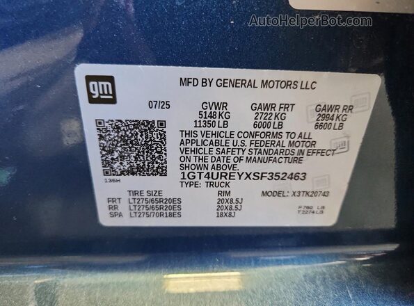 1GT4UREYXSF352463 2025 GMC SIERRA Blue VIN sticker view