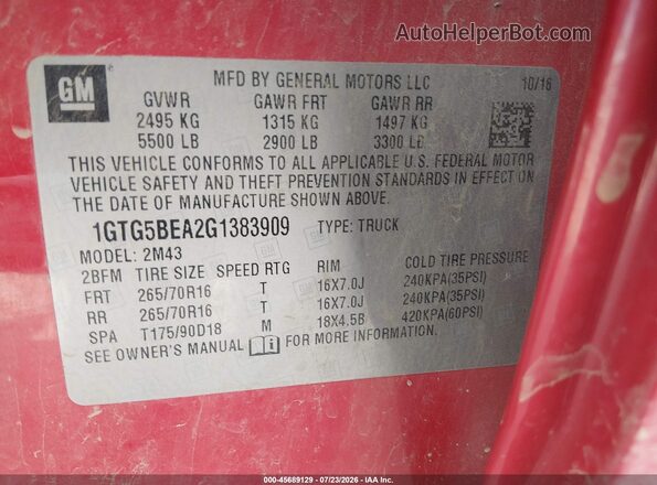1GTG5BEA2G1383909 2016 GMC CANYON Красный Вид подкапотного пространства