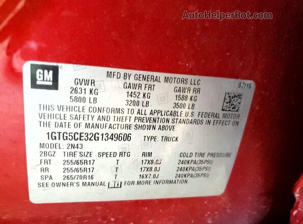 1GTG5CE32G1349606 2016 GMC CANYON Red VIN կոդի պիտակի տեսք