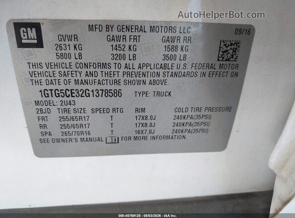1GTG5CE32G1378586 2016 GMC CANYON White Widok komory silnika