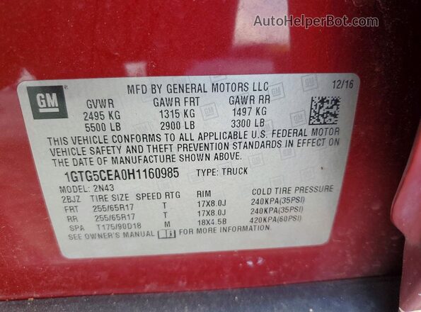 1GTG5CEA0H1160985 2017 GMC CANYON Red ძრავის განყოფილების ხედი