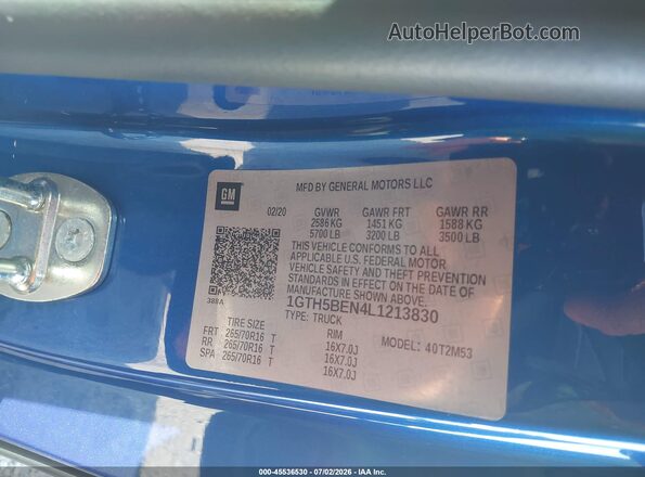 1GTH5BEN4L1213830 2020 GMC CANYON Blue Вид підкапотного простору