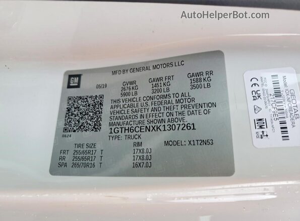 1GTH6CENXK1307261 2019 GMC CANYON White Շարժիչի բաժամունքի տեսք