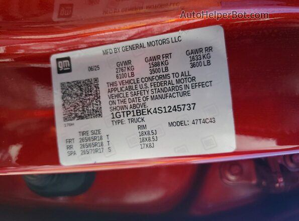 1GTP1BEK4S1245737 2025 GMC CANYON Red VIN կոդի պիտակի տեսք