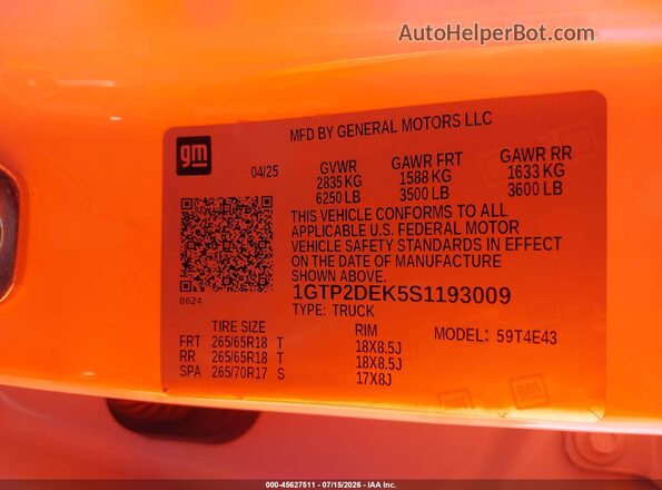 1GTP2DEK5S1193009 2025 GMC CANYON White Вид підкапотного простору