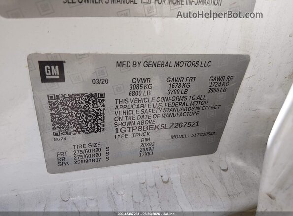 1GTP8BEK5LZ267521 2020 GMC SIERRA White Widok komory silnika