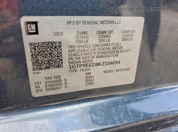 1GTP9EED8KZ154094 2019 GMC SIERRA Charcoal Вид наклейки з VIN-кодом
