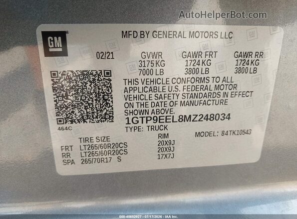 1GTP9EEL8MZ248034 2021 GMC SIERRA Gray Engine compartment view