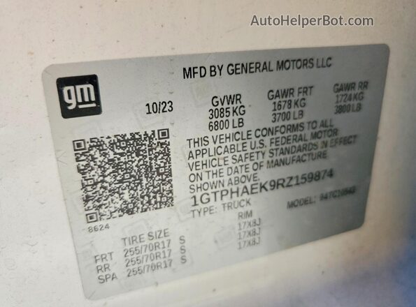 1GTPHAEK9RZ159874 2024 GMC SIERRA White VIN կոդի պիտակի տեսք