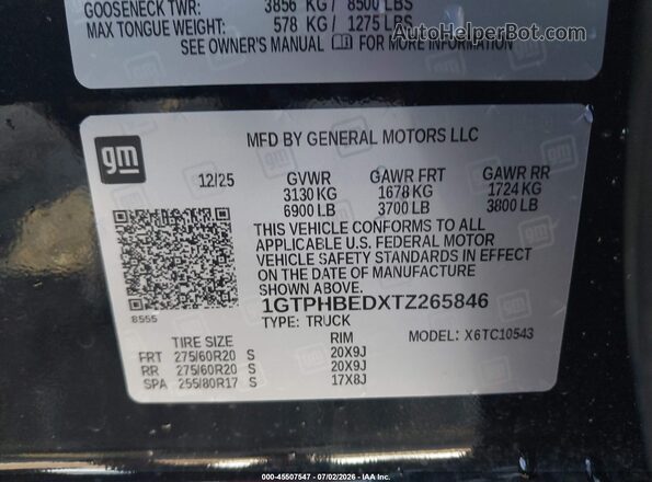 1GTPHBEDXTZ265846 2026 GMC SIERRA Black Vista de la etiqueta del VIN