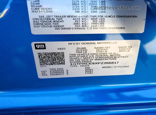 1GTPHCE8XPZ266817 2023 GMC SIERRA Blue Vista de la etiqueta del VIN