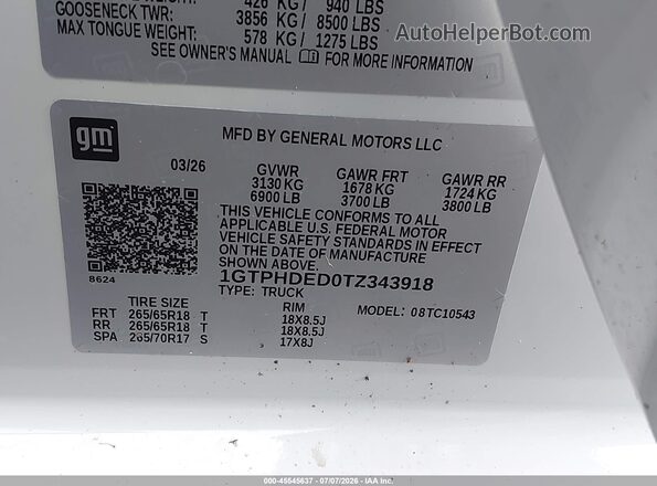 1GTPHDED0TZ343918 2026 GMC SIERRA White ძრავის განყოფილების ხედი