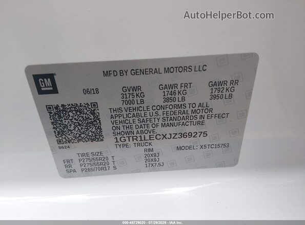 1GTR1LECXJZ369275 2018 GMC SIERRA White Widok komory silnika