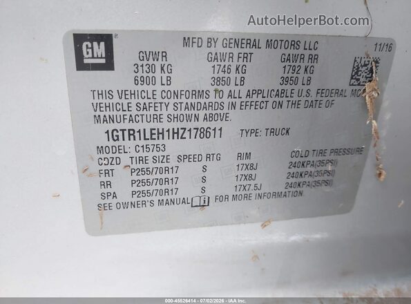 1GTR1LEH1HZ178611 2017 GMC SIERRA Silver Շարժիչի բաժամունքի տեսք