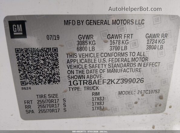 1GTR8AEF2KZ399026 2019 GMC SIERRA Белый Вид подкапотного пространства