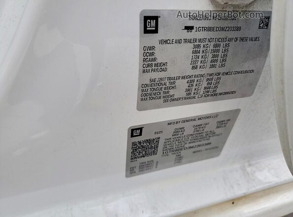 1GTR8BED3MZ203389 2021 GMC SIERRA White VIN կոդի պիտակի տեսք
