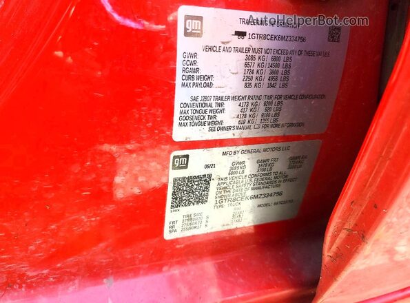 1GTR8CEK6MZ334756 2021 GMC SIERRA Красный Вид подкапотного пространства