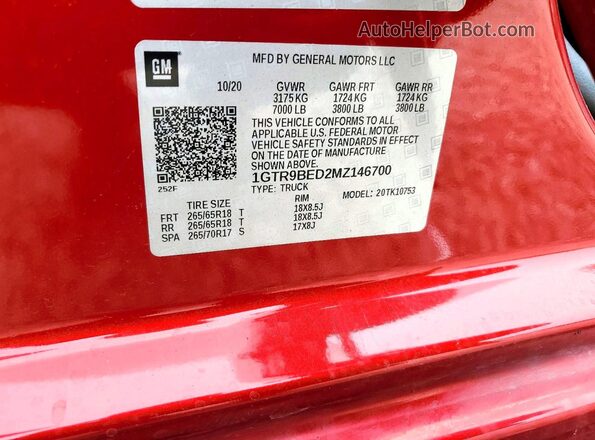 1GTR9BED2MZ146700 2021 GMC SIERRA Красный Вид наклейки с VIN-кодом