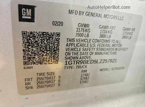 1GTR9BED5LZ257921 2020 GMC SIERRA Silver Widok naklejki z numerem VIN
