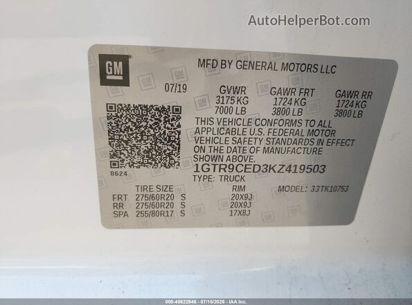 1GTR9CED3KZ419503 2019 GMC SIERRA White Շարժիչի բաժամունքի տեսք