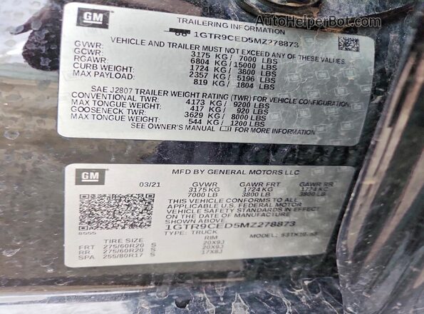 1GTR9CED5MZ278873 2021 GMC SIERRA Черный Вид наклейки с VIN-кодом