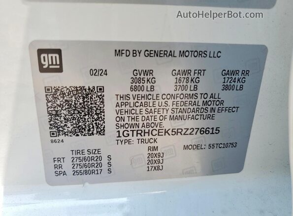1GTRHCEK5RZ276615 2024 GMC SIERRA White Widok naklejki z numerem VIN