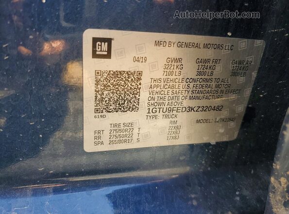 1GTU9FED3KZ320482 2019 GMC SIERRA Blue Вид підкапотного простору