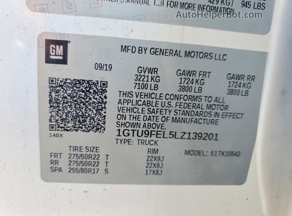 1GTU9FEL5LZ139201 2020 GMC SIERRA White Vista del compartimento del motor