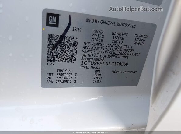 1GTU9FELXLZ178558 2020 GMC SIERRA White Vista del compartimento del motor