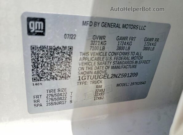 1GTUUGEL2NZ591209 2022 GMC SIERRA White Вид наклейки з VIN-кодом