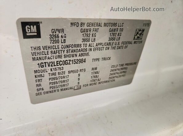 1GTV2LEC0GZ152984 2016 GMC SIERRA White Vista del compartimento del motor