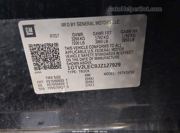 1GTV2LEC0JZ127929 2018 GMC SIERRA Black Widok komory silnika
