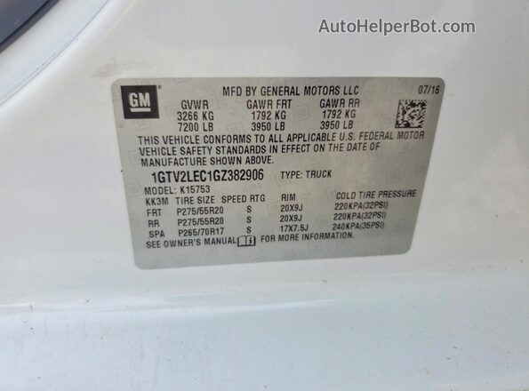 1GTV2LEC1GZ382906 2016 GMC SIERRA White VIN sticker view