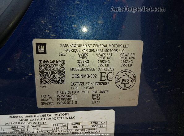 1GTV2LEC3JZ202087 2018 GMC SIERRA Blue Widok komory silnika