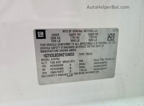1GTV2LEC8HZ134833 2017 GMC SIERRA White VIN კოდის სტიკერის ხედი