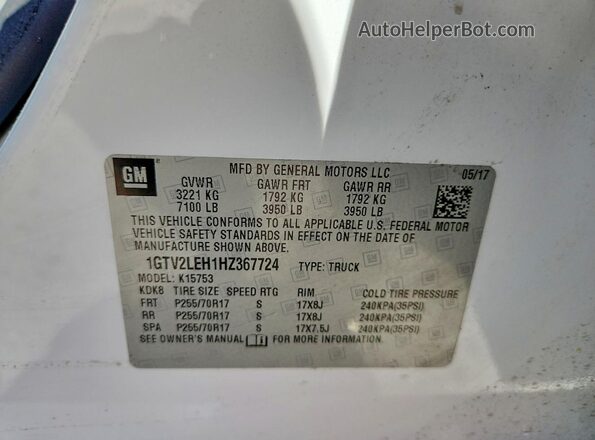 1GTV2LEH1HZ367724 2017 GMC SIERRA White VIN კოდის სტიკერის ხედი