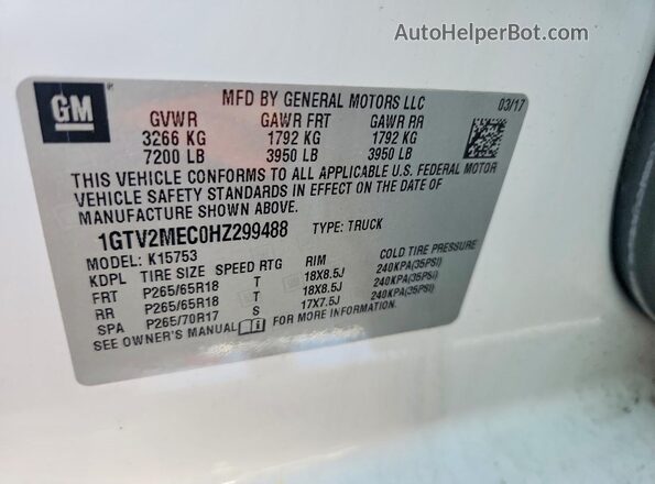 1GTV2MEC0HZ299488 2017 GMC SIERRA White ძრავის განყოფილების ხედი