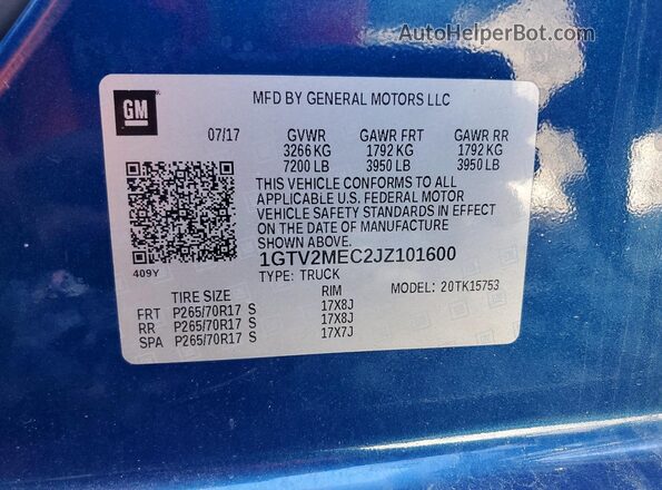 1GTV2MEC2JZ101600 2018 GMC SIERRA Blue Vista del compartimento del motor