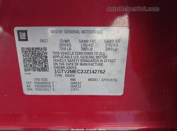 1GTV2MEC2JZ142762 2018 GMC SIERRA Красный Вид подкапотного пространства
