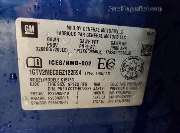 1GTV2MEC5GZ122594 2016 GMC SIERRA Синий Вид наклейки с VIN-кодом