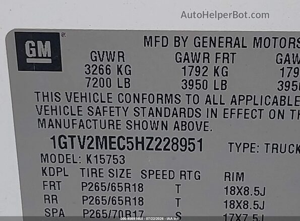 1GTV2MEC5HZ228951 2017 GMC SIERRA Белый Вид подкапотного пространства