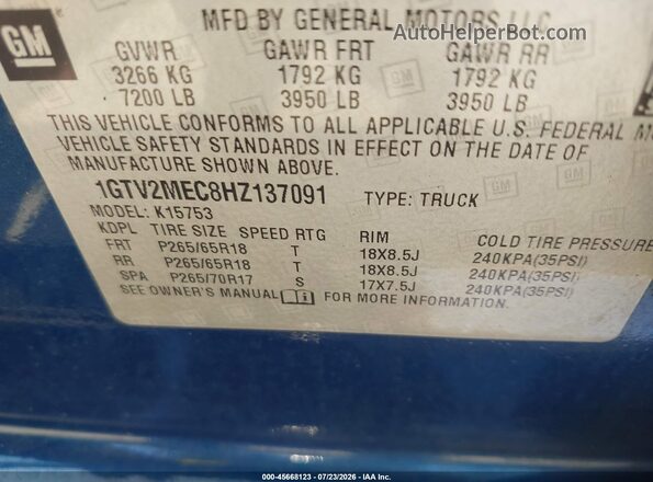 1GTV2MEC8HZ137091 2017 GMC SIERRA Синий Вид подкапотного пространства
