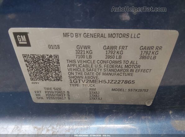 1GTV2MEH5JZ227865 2018 GMC SIERRA Blue Vista del compartimento del motor