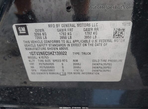 1GTV2NEC5HZ139922 2017 GMC SIERRA Black Вид підкапотного простору
